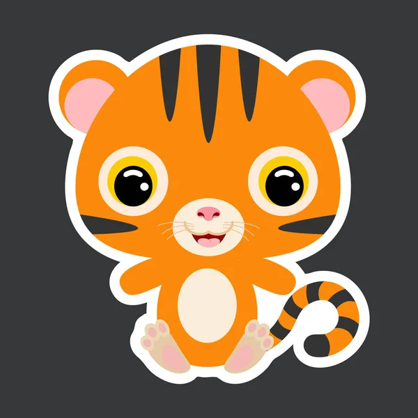 Children's sticker of cute little sitting tiger. Jungle animal. Cartoon character for baby print design, kids wear, baby shower celebration, greeting, invitation card. Flat vector stock illustration