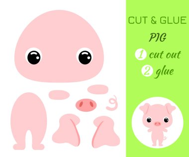 Domuz yavrusunu kes ve yapıştır. Renkli kağıt uygulama oyunu. Anaokulu çocukları için eğitici kağıt oyunu. Çizgi film karakteri. Evcil hayvan. Düz vektör stok illüstrasyonu.
