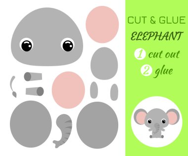 Yavru fili kes ve yapıştır. Renkli kağıt uygulama oyunu. Anaokulu çocukları için eğitici kağıt oyunu. Afrika hayvanı. Çizgi film karakteri. Düz vektör stok illüstrasyonu.