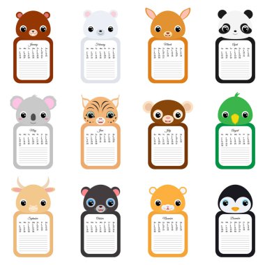 Takvim 2020. Sevimli aylık hayvan takvimi ve notlar. Çocuklar için iyi. Düz vektör stok illüstrasyonu.