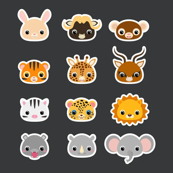 Pegatinas Conjunto Lindas Cabezas Animales Africanos Personaje Dibujos Animados Para — Vector de stock