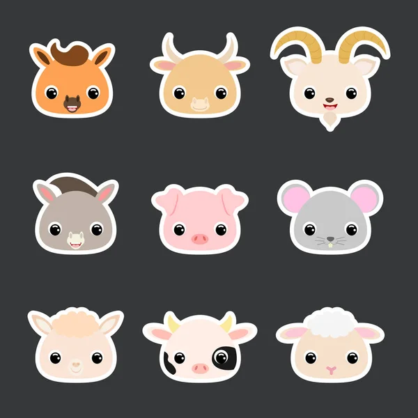 Pegatinas Conjunto Lindas Cabezas Animales Domésticos Personaje Dibujos Animados Para — Vector de stock