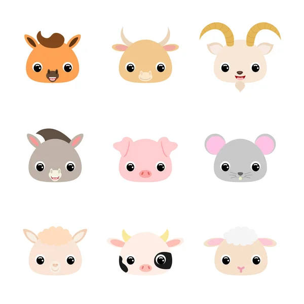 Cabezas Animales Domésticos Lindos Personaje Dibujos Animados Para Diseño Impresión — Vector de stock