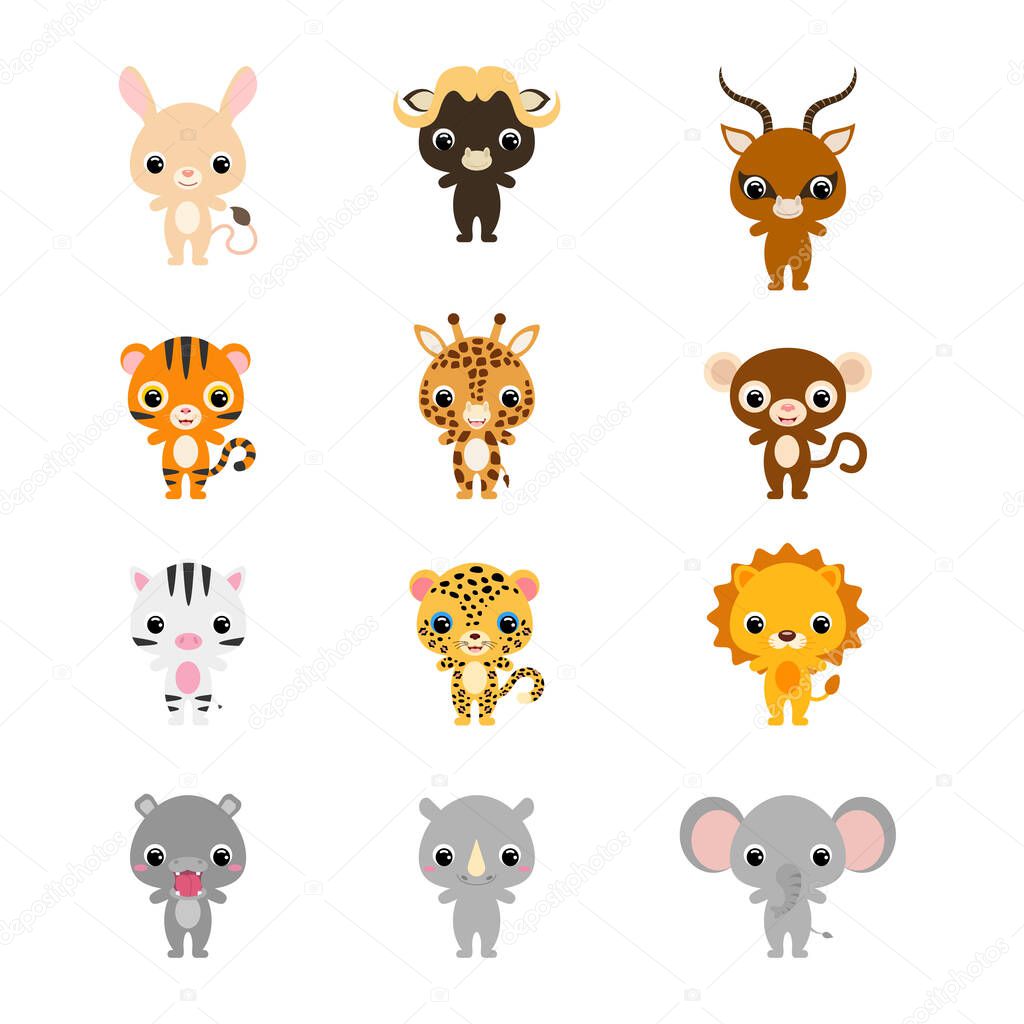 Cute cartoon african animals illustration for children. Cartoon character for baby print design, kids wear, baby shower celebration, greeting, invitation card. Flat vector stock illustration