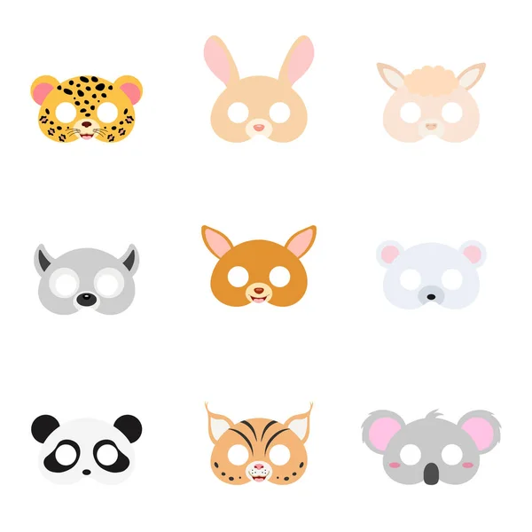 Set Von Verschiedenen Tiermasken Auf Gesicht Verkleidung Party Accessoires Diy — Stockvektor