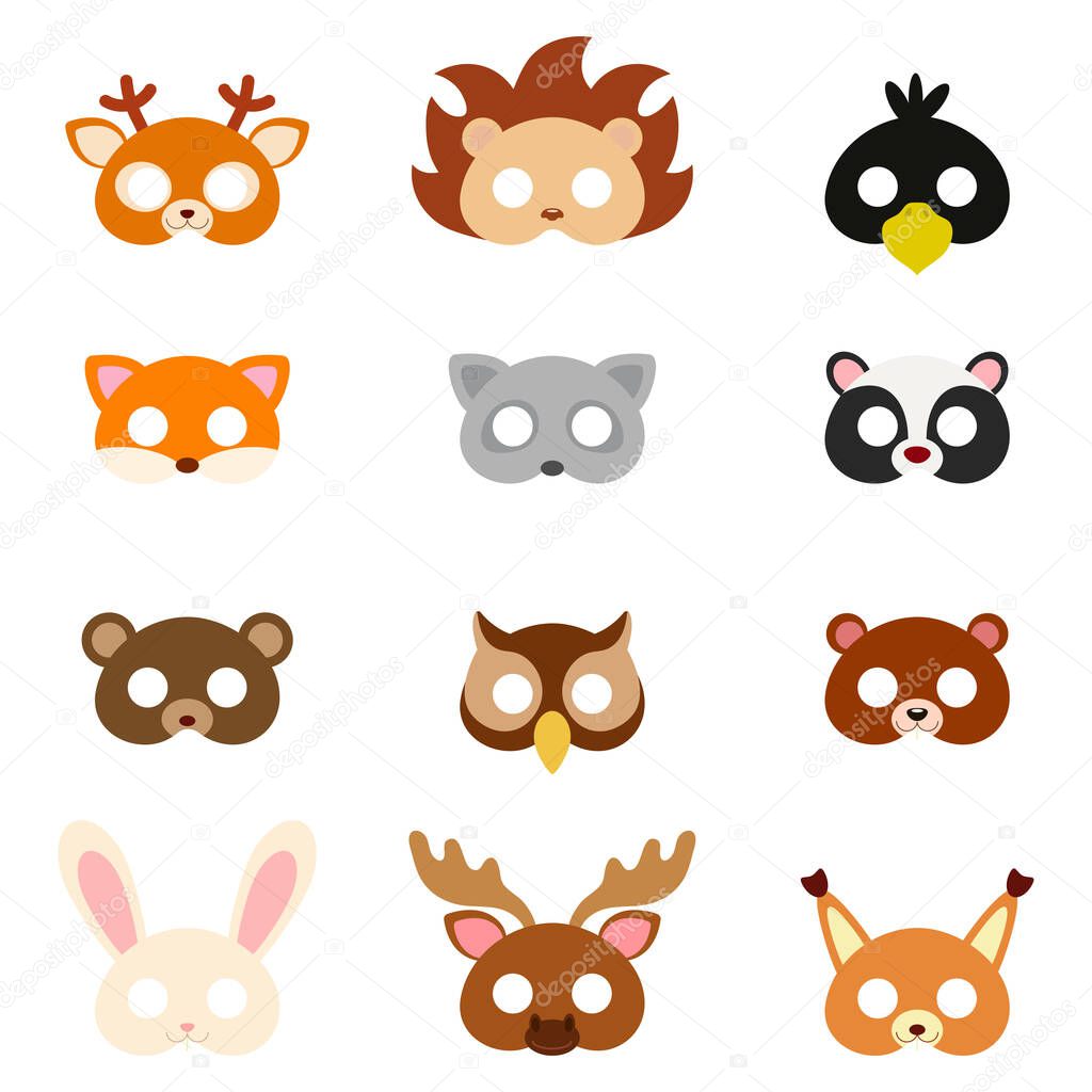 Set of assorted animal masks on face, dress-up, party accessory, DIY animal paper masks, photo booth props masks. Costume party design element. Flat vector stock illustration on white background.