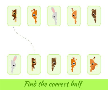 Clip kartları oyun şablonu doğru yarımları bulur. Çocuklar için eşleştirme oyunu. Anaokulu yılları için eğitici aktiviteler. Çocuklar ve yeni yürümeye başlayan çocuklar çizgi film hayvanları takımı. Vektör stok illüstrasyonu.