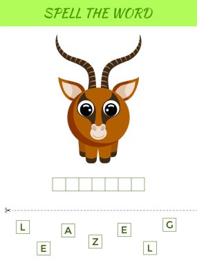 Kelime kodlama oyunu şablonu. Anaokulu yılları için eğitici aktiviteler çocuklar ve şirin ceylanlı bebekler. Düz vektör stok illüstrasyonu.