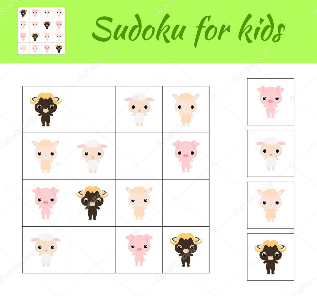 Sudoku game for children with pictures. Kids activity sheet. Educational game for preschool years kids and toddlers. Set of cute cartoon animals. Flat vector stock illustration.