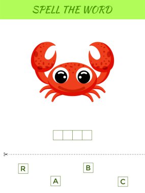 Kelime kodlama oyunu şablonu. Anaokulu yılları için eğitici aktiviteler çocuklar ve sevimli yengeçli bebekler. Düz vektör stok illüstrasyonu.