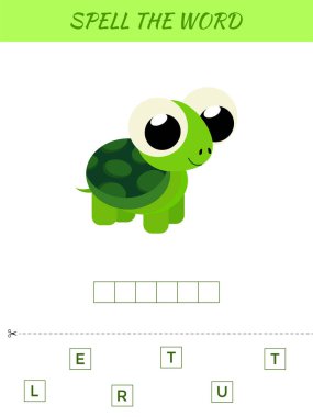 Kelime kodlama oyunu şablonu. Anaokulu yılları için eğitici aktiviteler çocuklar ve şirin kaplumbağalı bebekler. Düz vektör stok illüstrasyonu.