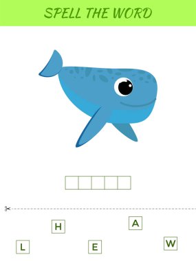 Kelime kodlama oyunu şablonu. Anaokulu yılları için eğitici bir aktivite çocuklar ve şirin balinalı bebekler. Düz vektör stok illüstrasyonu.