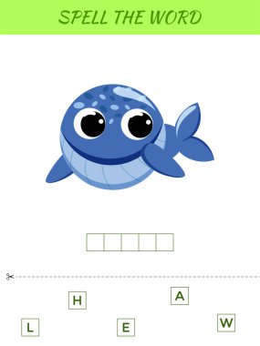 Kelime kodlama oyunu şablonu. Anaokulu yılları için eğitici bir aktivite çocuklar ve şirin balinalı bebekler. Düz vektör stok illüstrasyonu.