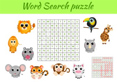 Klip kartları kelime arama bulmacası şablonu. Çocuk aktivitesi çalışma kâğıdı renkli basılabilir versiyonu. İngilizce kelime eğitimi için eğitici bir oyun. Cevapları da içeriyor. Düz vektör stok illüstrasyonu.