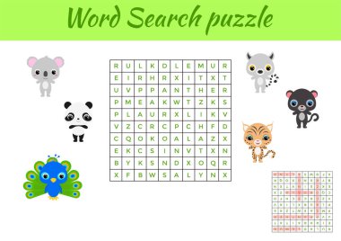 Klip kartları kelime arama bulmacası şablonu. Çocuk aktivitesi çalışma kâğıdı renkli basılabilir versiyonu. İngilizce kelime eğitimi için eğitici bir oyun. Cevapları da içeriyor. Düz vektör stok illüstrasyonu.