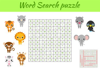 Klip kartları kelime arama bulmacası şablonu. Çocuk aktivitesi çalışma kâğıdı renkli basılabilir versiyonu. İngilizce kelime eğitimi için eğitici bir oyun. Cevapları da içeriyor. Düz vektör stok illüstrasyonu.