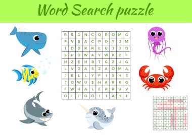 Klip kartları kelime arama bulmacası şablonu. Çocuk aktivitesi çalışma kâğıdı renkli basılabilir versiyonu. İngilizce kelime eğitimi için eğitici bir oyun. Cevapları da içeriyor. Düz vektör stok illüstrasyonu.