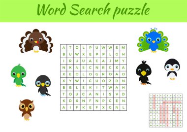 Klip kartları kelime arama bulmacası şablonu. Çocuk aktivitesi çalışma kâğıdı renkli basılabilir versiyonu. İngilizce kelime eğitimi için eğitici bir oyun. Cevapları da içeriyor. Düz vektör stok illüstrasyonu.