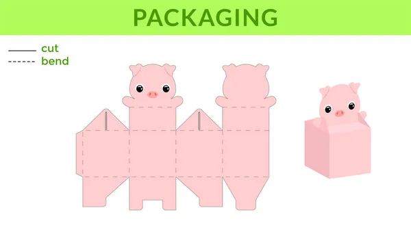 Doğum günleri için şirin DIY parti kutuları, tatlı, şeker ve küçük hediyeler için şirin domuzlarla bebek partileri. Yazdırılabilir renk şeması. Yazdır, kes, katla, yapıştır. Vektör stok illüstrasyonu.