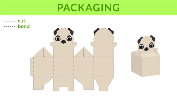 Doğum günleri için şirin DIY parti kutuları, tatlı köpekler için bebek partileri, şekerler, küçük hediyeler. Yazdırılabilir renk şeması. Yazdır, kes, katla, yapıştır. Vektör stok illüstrasyonu.