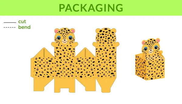 Doğum günleri için şirin DIY parti kutuları, tatlı jaguarlı bebek partileri, şekerler, küçük hediyeler. Yazdırılabilir renk şeması. Yazdır, kes, katla, yapıştır. Vektör stok illüstrasyonu.