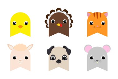 Bebek partisi, doğum günü partisi, çocuk odası dekorasyonu için klipsli evcil hayvan bayrakları seti. Basılabilir tapılası evcil hayvanlar temalı pankart. Düz çizgi film renkli vektör çizimi.