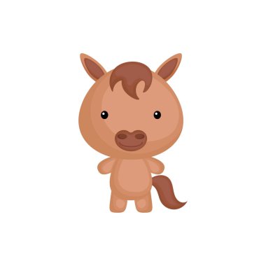 Beyaz arka planda izole edilmiş şirin, komik bir bebek at. Albüm, albüm, albüm, kart ve davetiye tasarımı için çiftlik hayvanı karakteri. Düz çizgi film renkli vektör çizimi.