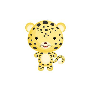 Beyaz arka planda sevimli komik bebek jaguar veya leopar izole edilmiş. Albüm, albüm, albüm, kart ve davetiye tasarımı için vahşi hayvan karakteri. Düz çizgi film renkli vektör çizimi.