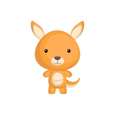 Beyaz arka planda izole edilmiş sevimli bebek kanguru. Vahşi Avustralyalı tapılası hayvan karakteri albüm, albüm albümü, kart ve davetiye tasarımı için. Düz çizgi film renkli vektör çizimi.