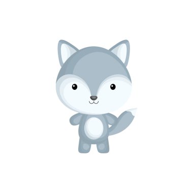 Beyaz arka planda izole edilmiş sevimli komik yavru kurt. Albüm, albüm, albüm, kart ve davetiye tasarımı için Woodland tapılası hayvan karakteri. Düz çizgi film renkli vektör çizimi.