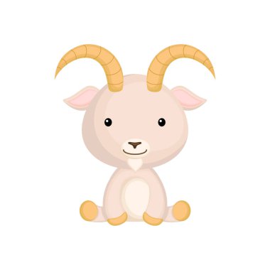 Beyaz arka planda izole edilmiş sevimli bebek keçi yavrusu. Albüm, albüm, albüm, kart ve davetiye tasarımı için yerli tapılası hayvan karakteri. Düz çizgi film renkli vektör çizimi.