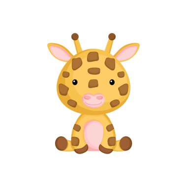 Beyaz arka planda izole edilmiş sevimli bebek zürafası. Vahşi Afrikalı tapılası hayvan karakteri albüm, albüm albümü, kart ve davetiye tasarımı için. Düz çizgi film renkli vektör çizimi.