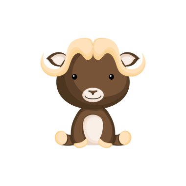 Beyaz arka planda izole edilmiş şirin bebek misk öküzü. Vahşi Kuzey Kutbu hayvan karakteri albüm, albüm albümü, kart ve davetiye tasarımı için. Düz çizgi film renkli vektör çizimi.