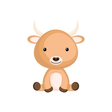 Beyaz arka planda izole edilmiş şirin bebek öküzü. Albüm, albüm, albüm, kart ve davetiye tasarımı için yerli tapılası hayvan karakteri. Düz çizgi film renkli vektör çizimi.