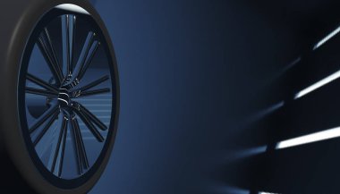 Alüminyum lüks araba tekerleği gölge ve ışık kenarında üzerinde. Çeşitli malzeme ve arka plan, 3d render