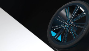 Alüminyum lüks araba tekerleği gölge ve ışık kenarında üzerinde. Çeşitli malzeme ve arka plan, 3d render