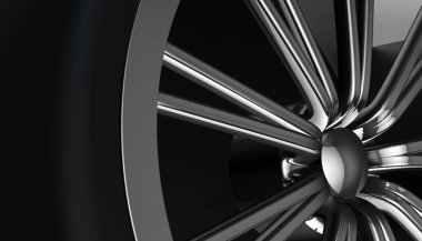 Alüminyum lüks araba tekerleği gölge ve ışık kenarında üzerinde. Çeşitli malzeme ve arka plan, 3d render