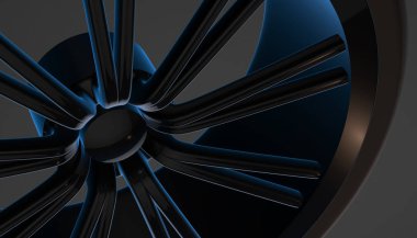 Alüminyum lüks araba tekerleği gölge ve ışık kenarında üzerinde. Çeşitli malzeme ve arka plan, 3d render