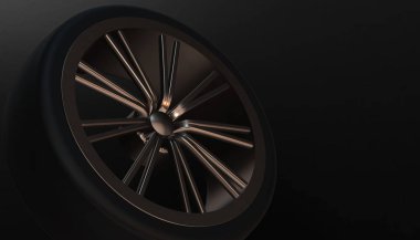 Alüminyum lüks araba tekerleği gölge ve ışık kenarında üzerinde. Çeşitli malzeme ve arka plan, 3d render