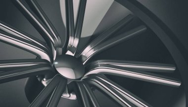 Alüminyum lüks araba tekerleği gölge ve ışık kenarında üzerinde. Çeşitli malzeme ve arka plan, 3d render