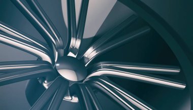 Alüminyum lüks araba tekerleği gölge ve ışık kenarında üzerinde. Çeşitli malzeme ve arka plan, 3d render
