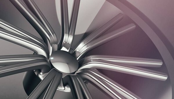 Aluminium on shadow and light rim of luxury car wheel. Various material and background, 3D render