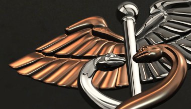 Caduceus - tıbbi sembolü, 3d render