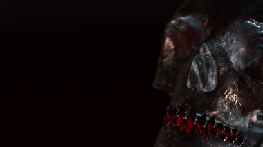 Karanlık bir geçmişi olan insan kafatası. Ölüm, korku, anatomi ve cadılar bayramı sembolü. 3d görüntüleme, 3d illüstrasyon