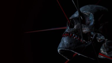 Karanlık bir geçmişi olan insan kafatası. Ölüm, korku, anatomi ve cadılar bayramı sembolü. 3d görüntüleme, 3d illüstrasyon