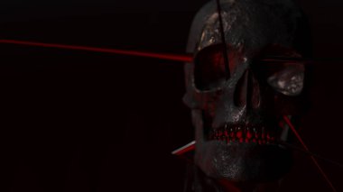 Karanlık bir geçmişi olan insan kafatası. Ölüm, korku, anatomi ve cadılar bayramı sembolü. 3d görüntüleme, 3d illüstrasyon