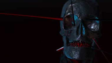 Karanlık bir geçmişi olan insan kafatası. Ölüm, korku, anatomi ve cadılar bayramı sembolü. 3d görüntüleme, 3d illüstrasyon