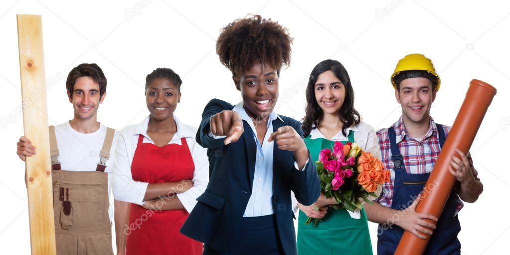 Pointing african american businesswoman with group of other appr