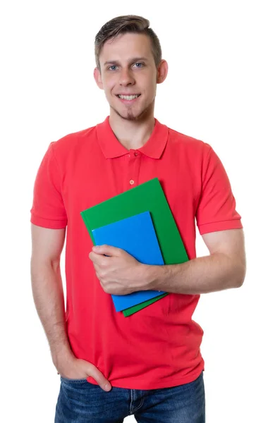 Studente caucasico ridente con camicia rossa e capelli biondi — Foto Stock