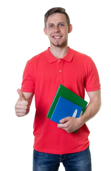 Branco masculino estudante com vermelho camisa e loira cabelo mostrando th — Fotografia de Stock